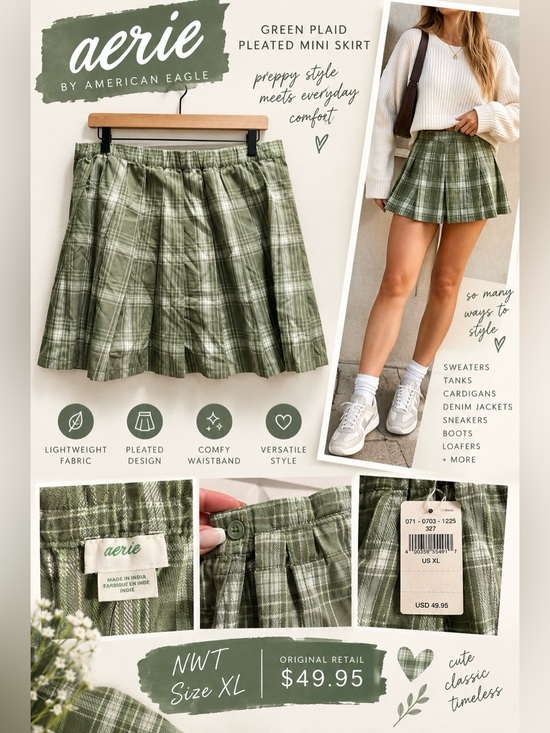 aerie Dresses & Skirts - Aerie Green Plaid Pleated Mini Skirt NWT Women’s XL Preppy Cottagecore